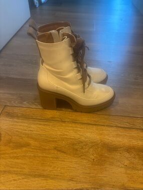 Chunky Lug Sole Lace-Up Ankle Boots in Cream